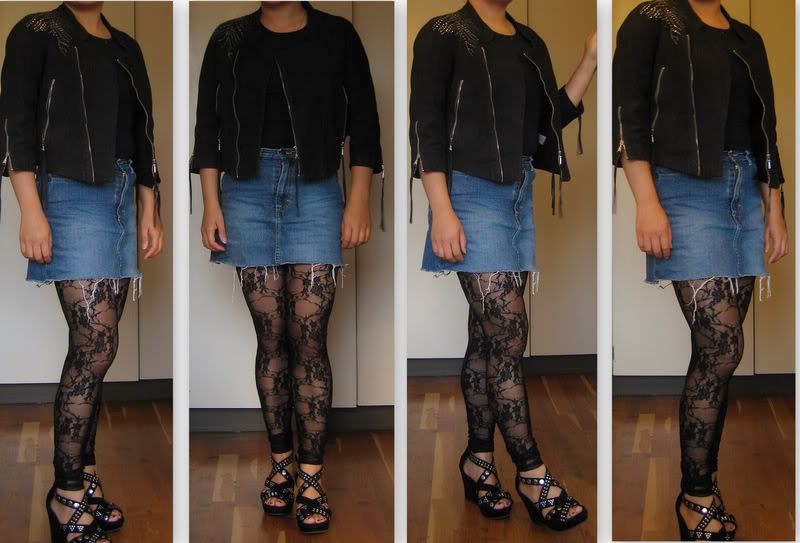 leather with denim skirt